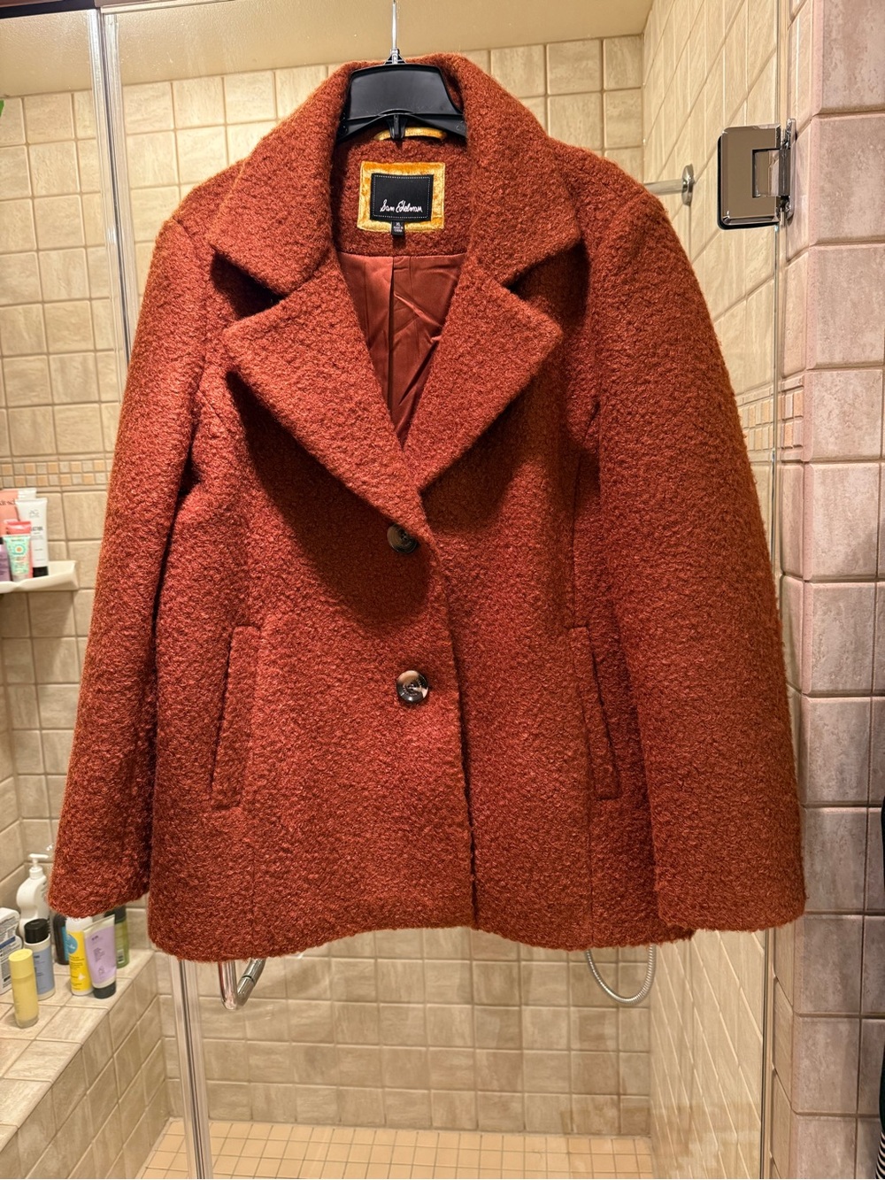 Sam Edelman Cognac Solid Teddy Faux Fur Bouclé Pea Coat